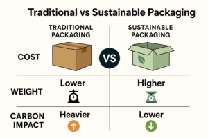 Traditional vs Sustainable Packaging (icon + text layout, cardboard vs leaf box)