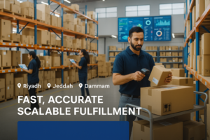 Modern fulfillment center in Saudi Arabia showing organized inventory and digital systems.