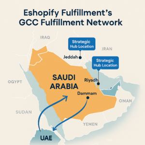 Eshopify warehouse network map showing UAE to Saudi logistics flow.