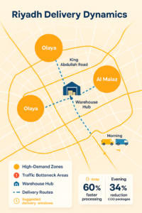 Riyadh map showing logistics routes and traffic-sensitive delivery zones