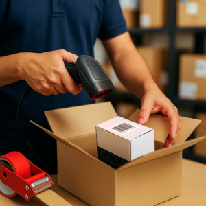 Eshopify Fulfillment staff applying compliance-ready barcodes and secure packaging for e-commerce orders.