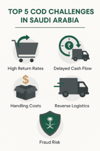 Infographic showing five main challenges of COD returns and payment collection in Saudi Arabia.