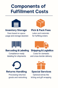 Infographic showing the six main components of ecommerce fulfillment fees with simple icons and descriptions.