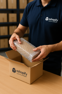 Eshopify Fulfillment team packaging products securely for global shipping.