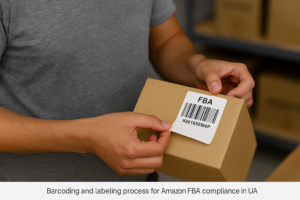 Barcoding and labeling process for Amazon FBA compliance in UAE warehouse.