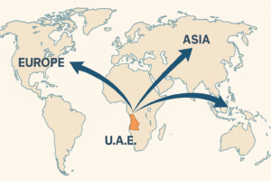Logistics planning map showing UAE as a hub for international e-commerce shipping.