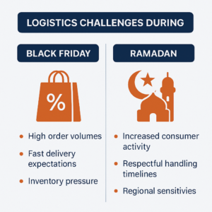 Infographic comparing Black Friday and Ramadan logistics challenges in the UAE.